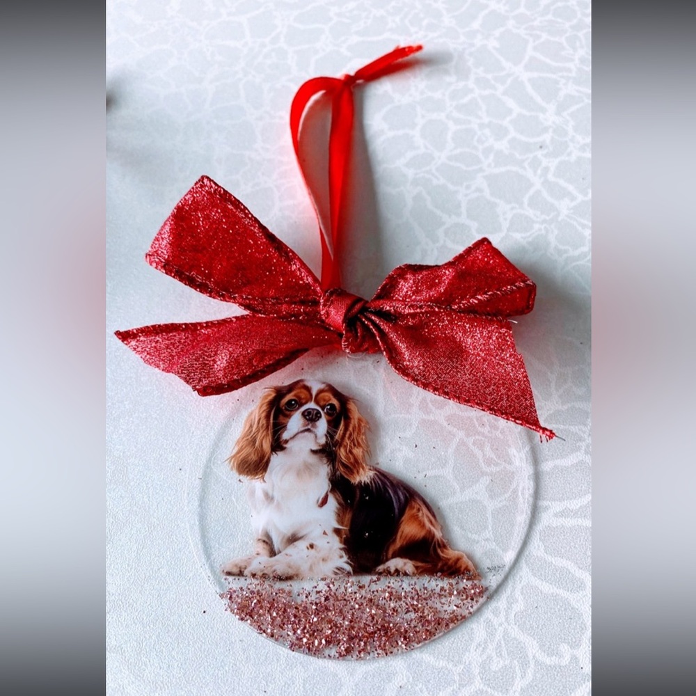 King Charles Cavalier Dog Ornament with Red Ribbon